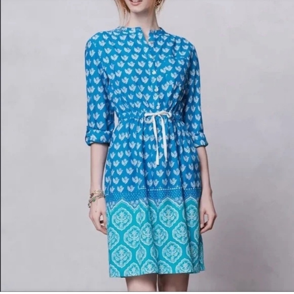 Anthropologie Meadow Rue Anila Blue  Drawstring Casual Dress Size 6